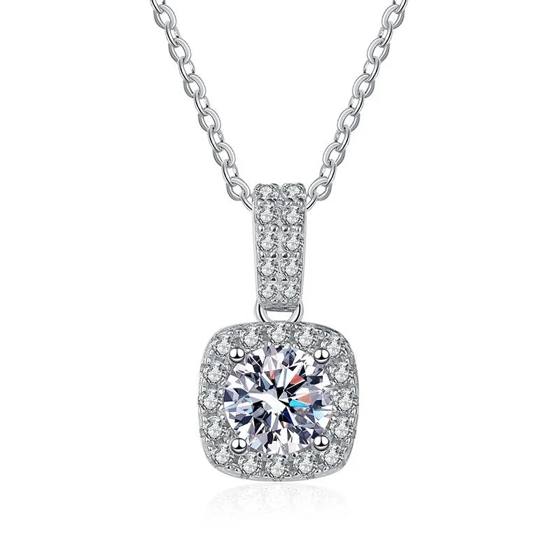 S925 Sterling Silver 1CT Moissanite Pendant Necklace | D Color Square Cut | Platinum Plated Luxury Jewelry for Women