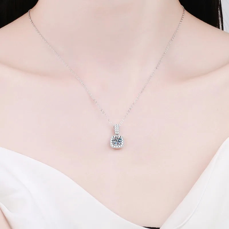 S925 Sterling Silver 1CT Moissanite Pendant Necklace | D Color Square Cut | Platinum Plated Luxury Jewelry for Women