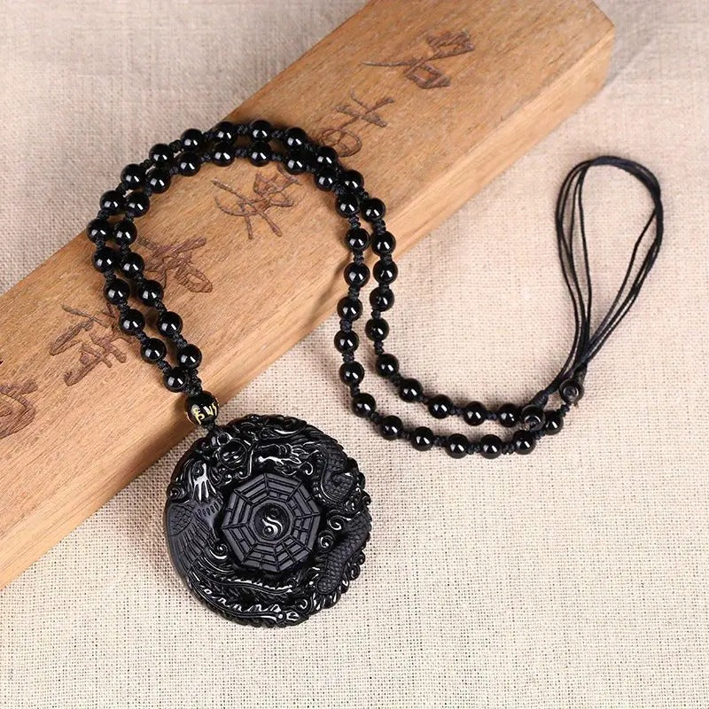 Synthetic Obsidian Carved Dragon Phoenix Stone Lucky Tai Ji Bagua Bead Amulet Pendant Necklace