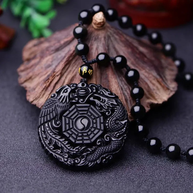 Synthetic Obsidian Carved Dragon Phoenix Stone Lucky Tai Ji Bagua Bead Amulet Pendant Necklace