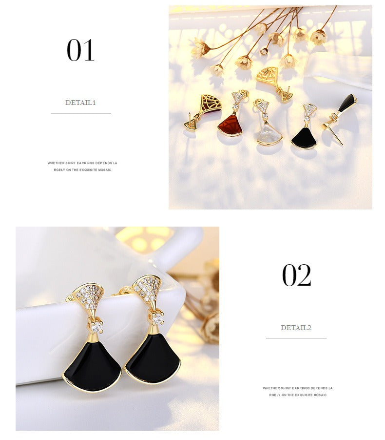 S925 Sterling silver 18K Gold Plate earrings fan-shaped Fritillaria red agate mini skirt earring hypoallergenic ear stud