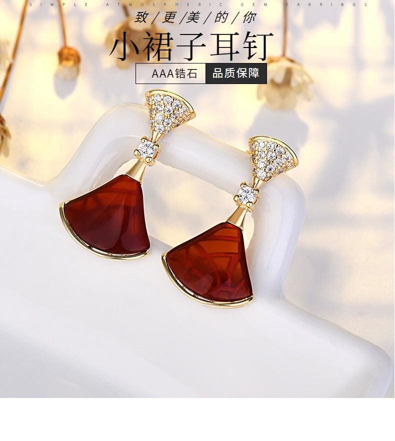 S925 Sterling silver 18K Gold Plate earrings fan-shaped Fritillaria red agate mini skirt earring hypoallergenic ear stud