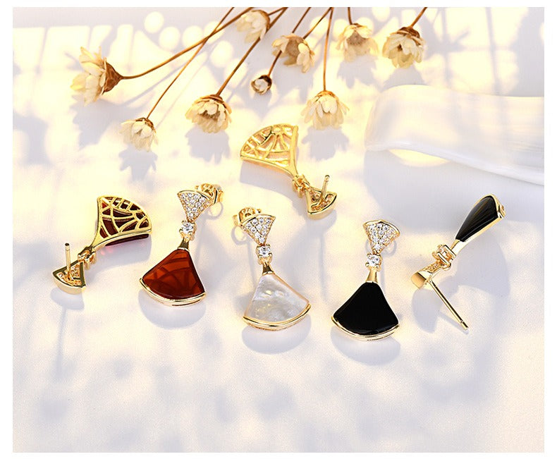 S925 Sterling silver 18K Gold Plate earrings fan-shaped Fritillaria red agate mini skirt earring hypoallergenic ear stud