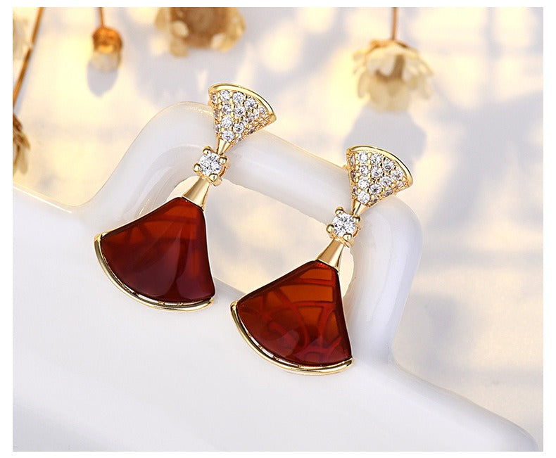 S925 Sterling silver 18K Gold Plate earrings fan-shaped Fritillaria red agate mini skirt earring hypoallergenic ear stud