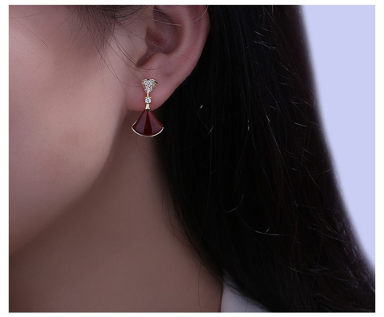 S925 Sterling silver 18K Gold Plate earrings fan-shaped Fritillaria red agate mini skirt earring hypoallergenic ear stud
