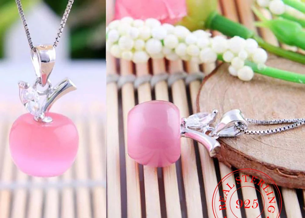 925 Sterling Silver Opal Apple Pendant Necklace – Pink & White Moonstone Charm Jewelry for Women, Girls | Dainty Adjustable Chain, Gift for Her, Birthstone Necklace