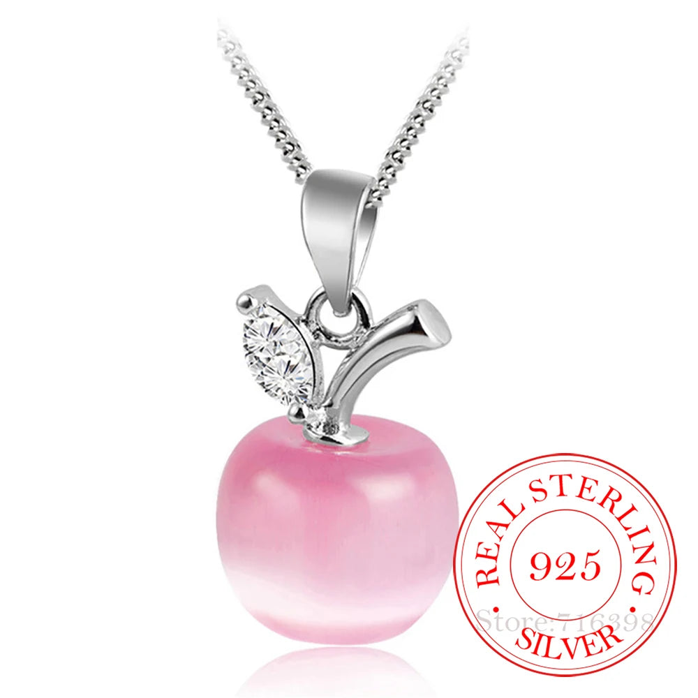 925 Sterling Silver Opal Apple Pendant Necklace – Pink & White Moonstone Charm Jewelry for Women, Girls | Dainty Adjustable Chain, Gift for Her, Birthstone Necklace
