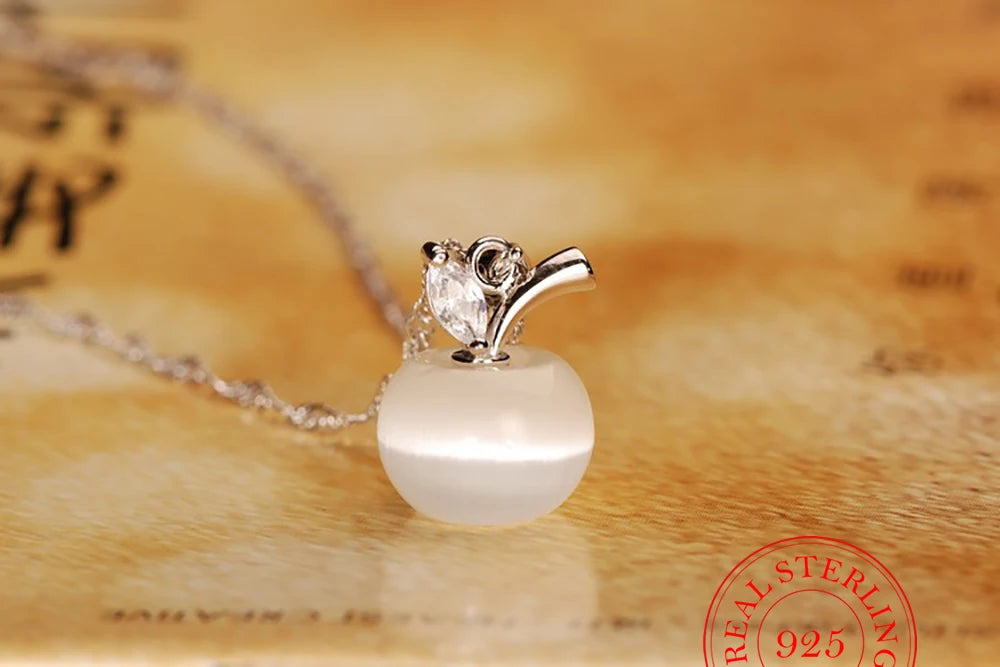 925 Sterling Silver Opal Apple Pendant Necklace – Pink & White Moonstone Charm Jewelry for Women, Girls | Dainty Adjustable Chain, Gift for Her, Birthstone Necklace