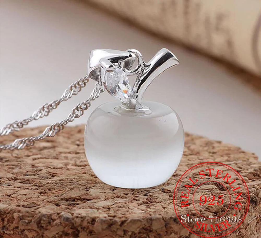 925 Sterling Silver Opal Apple Pendant Necklace – Pink & White Moonstone Charm Jewelry for Women, Girls | Dainty Adjustable Chain, Gift for Her, Birthstone Necklace