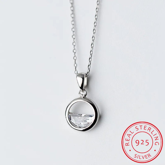 Real 925 Sterling Silver Crystal Round Minimalist Pendant Necklaces Minimalist Fine Jewelry For Women Party Accessories