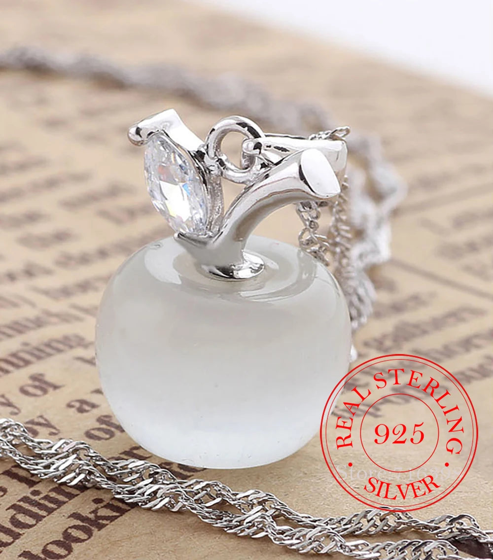 925 Sterling Silver Opal Apple Pendant Necklace – Pink & White Moonstone Charm Jewelry for Women, Girls | Dainty Adjustable Chain, Gift for Her, Birthstone Necklace