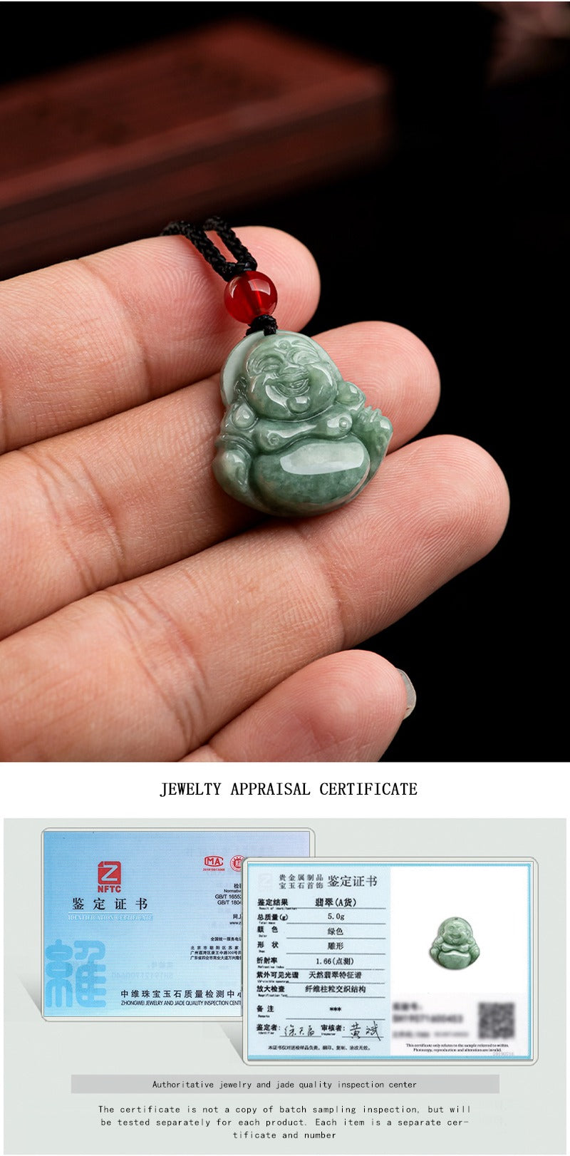 Jade necklace Laughing Buddha Pendant Smiling Green Jadeite Buddha necklace head adjustable Rope Certified Grade A Burma Gift for Women