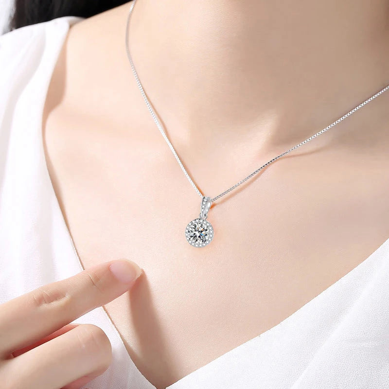 Sterling Silver Round Zircon Pendant Necklace – 8mm Sparkling Cubic Zirconia, Adjustable Box Chain | Elegant Fine Jewelry for Women | Gift-Ready Velvet Pouch