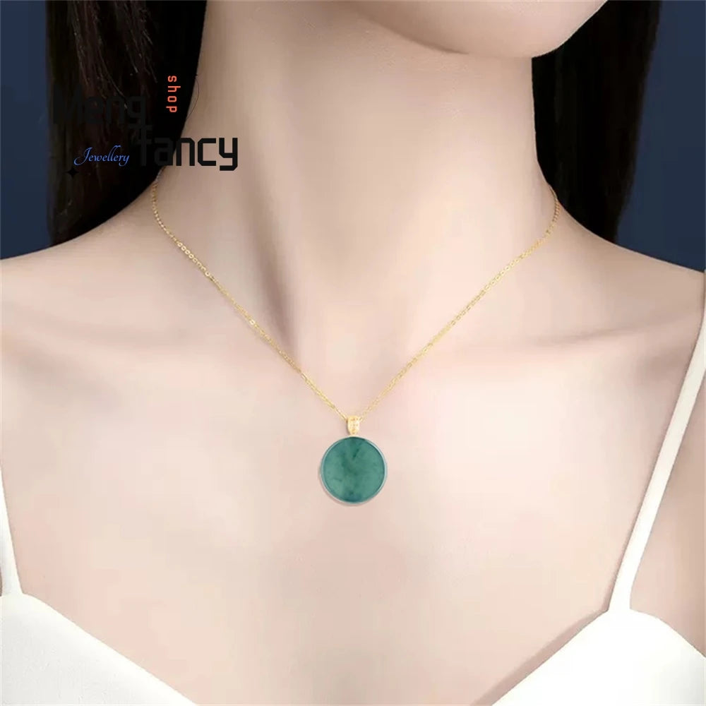 Natural A Goods Jade 18K Gold Buckle Blue Water Small Round Brand Jade Pendant No Matter Brand Ice Type Pendant Women's Simple