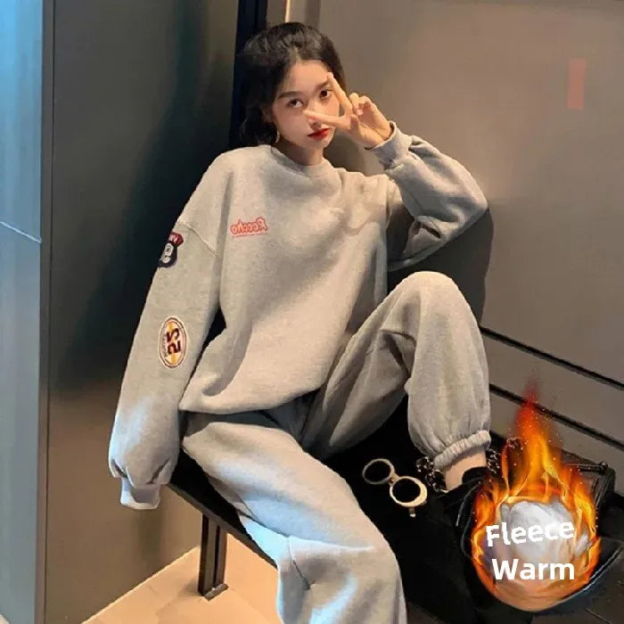 Fleece-lined Thickened Women's Sport Suit Casual 2-piece Set Loose-fit Sweatshirt Pullover Hooded Jacket Autumn Winter Fashion