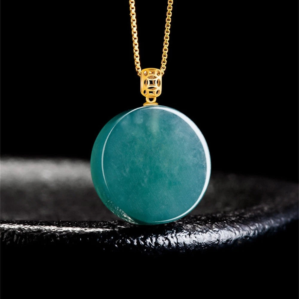 Natural A Goods Jade 18K Gold Buckle Blue Water Small Round Brand Jade Pendant No Matter Brand Ice Type Pendant Women's Simple