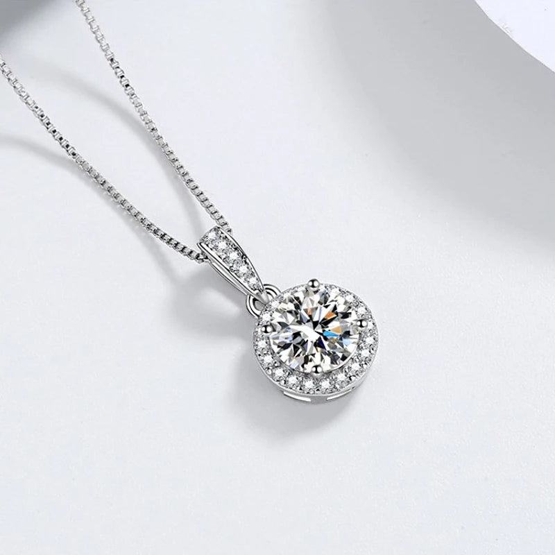 Sterling Silver Round Zircon Pendant Necklace – 8mm Sparkling Cubic Zirconia, Adjustable Box Chain | Elegant Fine Jewelry for Women | Gift-Ready Velvet Pouch