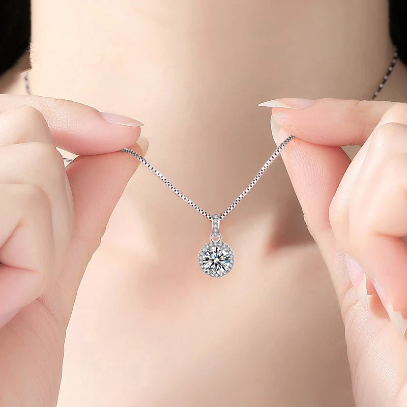 Sterling Silver Round Zircon Pendant Necklace – 8mm Sparkling Cubic Zirconia, Adjustable Box Chain | Elegant Fine Jewelry for Women | Gift-Ready Velvet Pouch