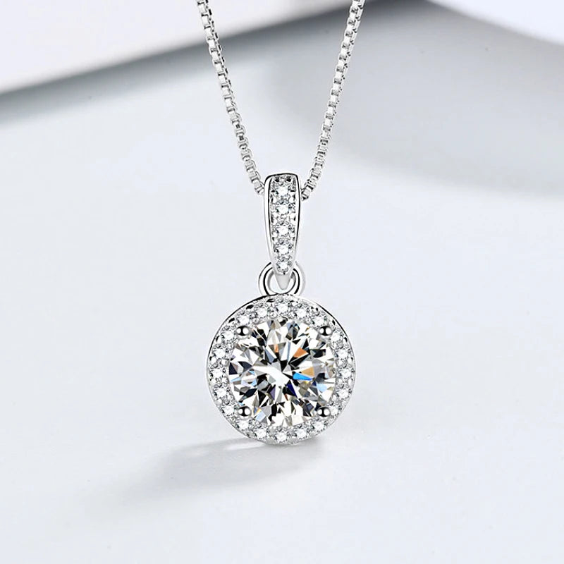 Sterling Silver Round Zircon Pendant Necklace – 8mm Sparkling Cubic Zirconia, Adjustable Box Chain | Elegant Fine Jewelry for Women | Gift-Ready Velvet Pouch
