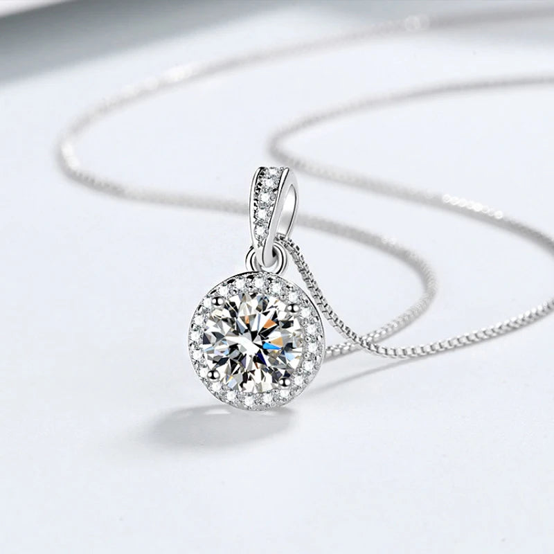 Sterling Silver Round Zircon Pendant Necklace – 8mm Sparkling Cubic Zirconia, Adjustable Box Chain | Elegant Fine Jewelry for Women | Gift-Ready Velvet Pouch