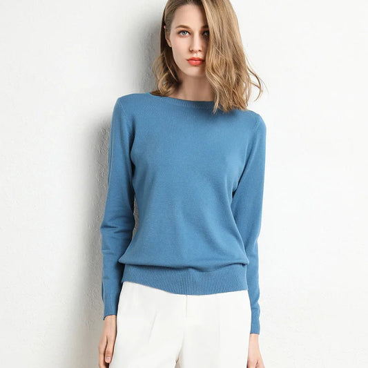Women Slim O-Neck Solid Pullover Cashmere Wool Blending Sweater Autumn And Winter Long-Sleeved Knit Bottoming Shirt FreeSize (45-70kg)