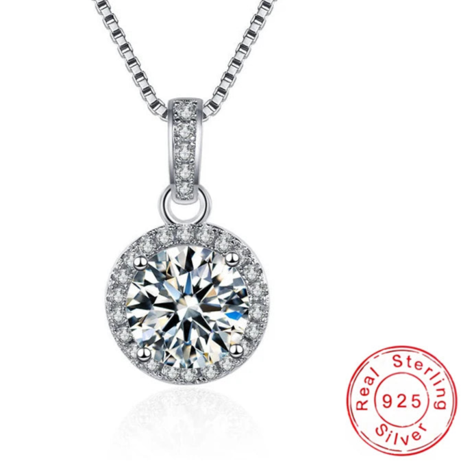 Sterling Silver Round Zircon Pendant Necklace – 8mm Sparkling Cubic Zirconia, Adjustable Box Chain | Elegant Fine Jewelry for Women | Gift-Ready Velvet Pouch