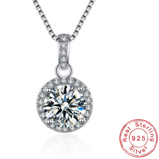 Sterling Silver Round Zircon Pendant Necklace – 8mm Sparkling Cubic Zirconia, Adjustable Box Chain | Elegant Fine Jewelry for Women | Gift-Ready Velvet Pouch