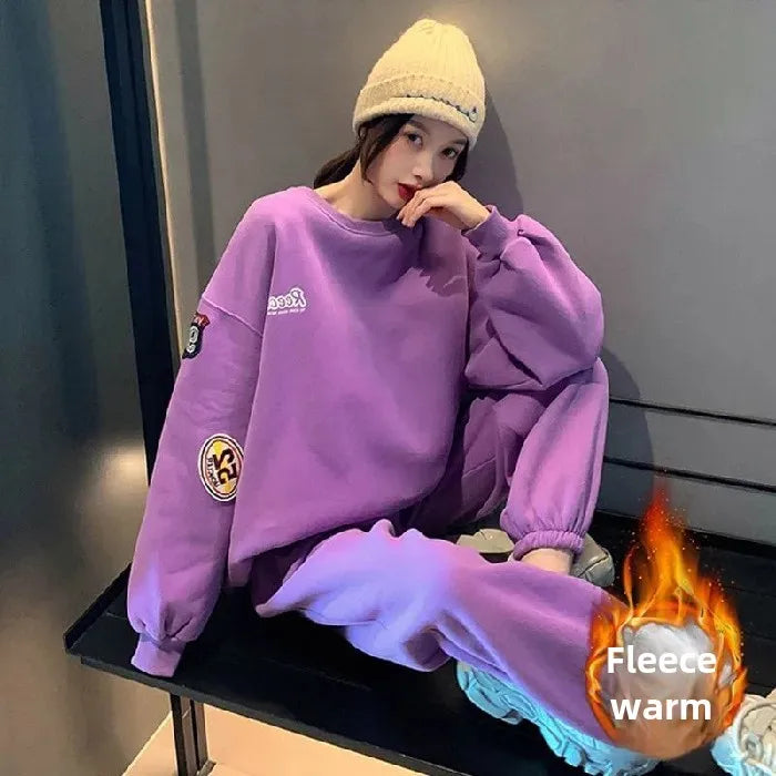 Fleece-lined Thickened Women's Sport Suit Casual 2-piece Set Loose-fit Sweatshirt Pullover Hooded Jacket Autumn Winter Fashion