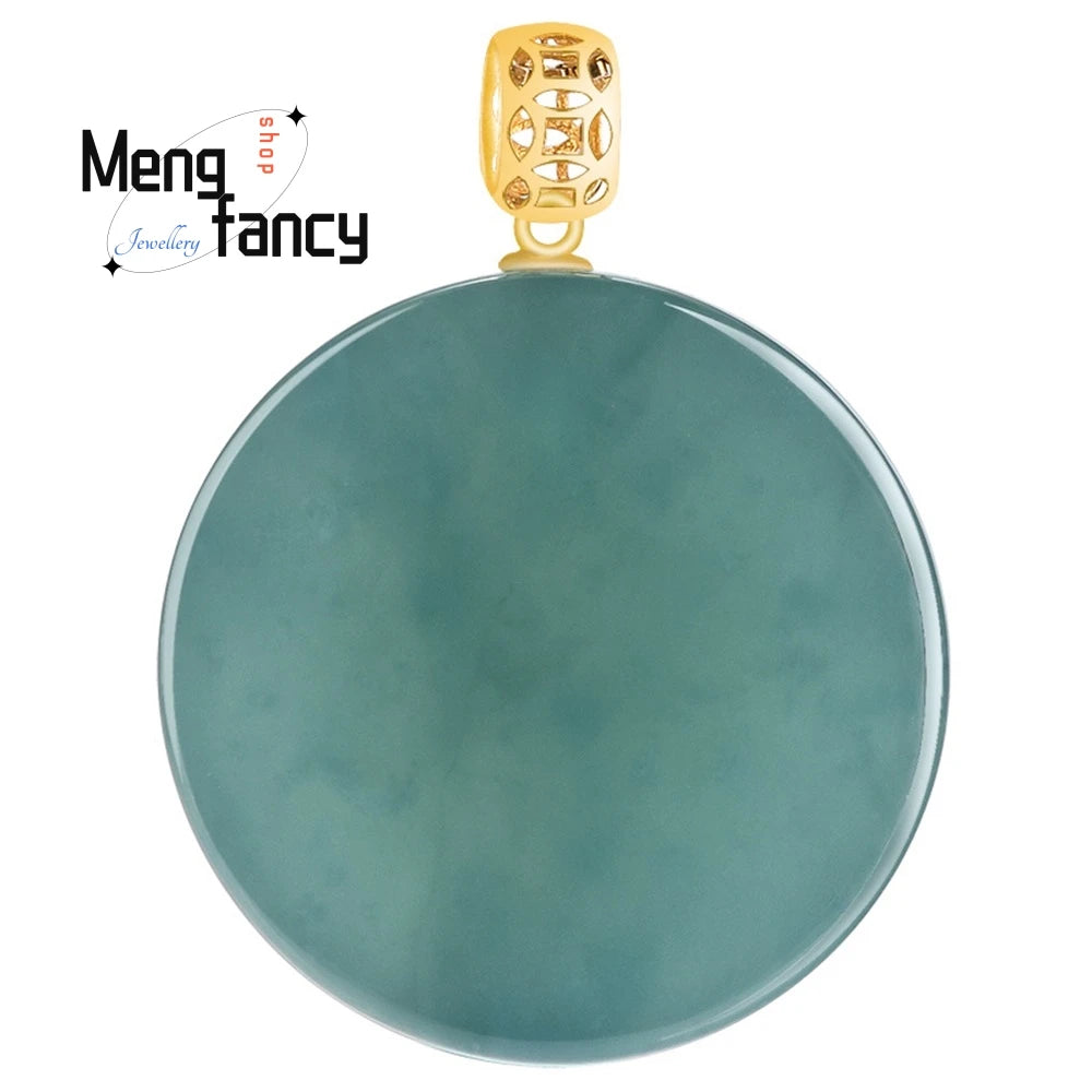 Natural A Goods Jade 18K Gold Buckle Blue Water Small Round Brand Jade Pendant No Matter Brand Ice Type Pendant Women's Simple