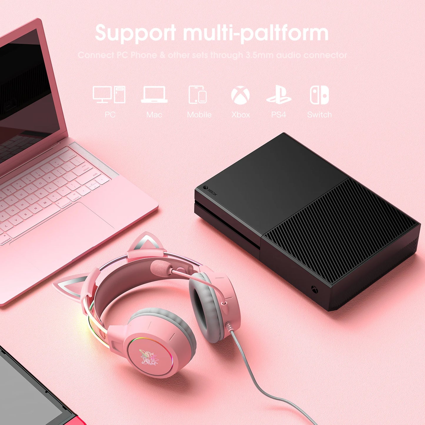 ONIKUMA X15 Pro Over-Ear Headphones Gaming Headset Wired Cancelling Earphones Pink Cat Ears Rgb Light With Mic For PC PS4