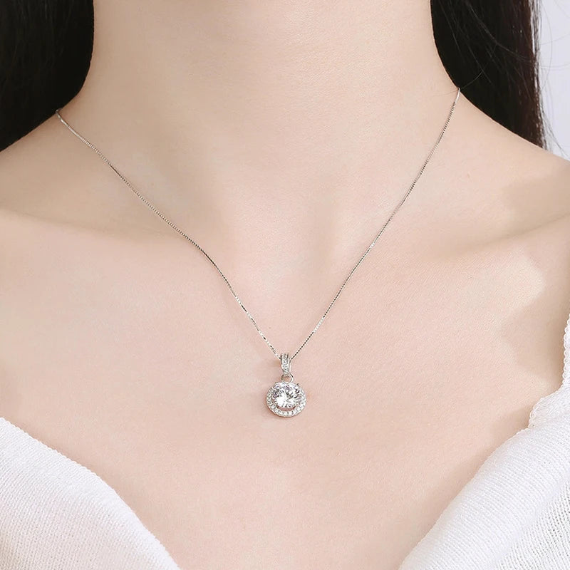 Sterling Silver Round Zircon Pendant Necklace – 8mm Sparkling Cubic Zirconia, Adjustable Box Chain | Elegant Fine Jewelry for Women | Gift-Ready Velvet Pouch