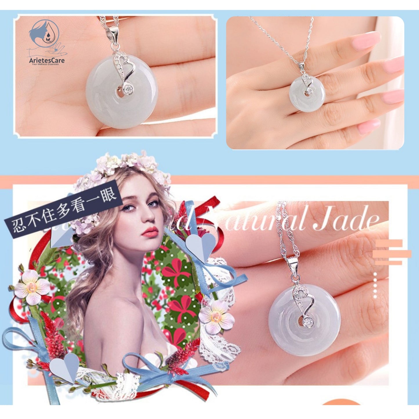 S925 Sterling Silver Natural Grade A Jadeite 'Peace Knot' Pendant Necklace – Genuine Certified Jade Amulet (23.5x23.5mm)
