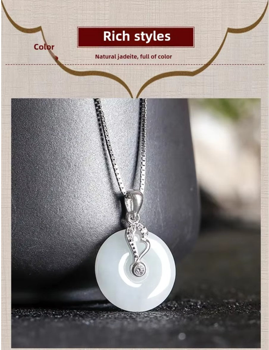 S925 Sterling Silver Natural Grade A Jadeite 'Peace Knot' Pendant Necklace – Genuine Certified Jade Amulet (23.5x23.5mm)