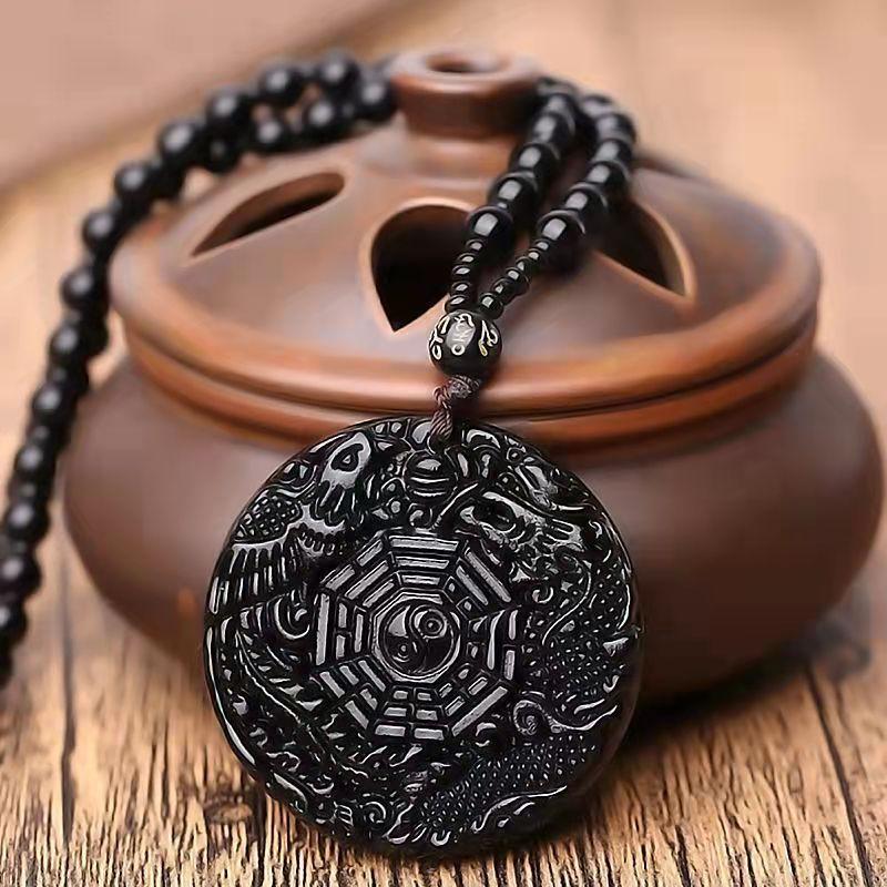 Classic Vintage Black Stone Carved Gossip Dragon Phoenix Pattern Pendant Necklace for Men Trend Amulet Necklace Jewelry