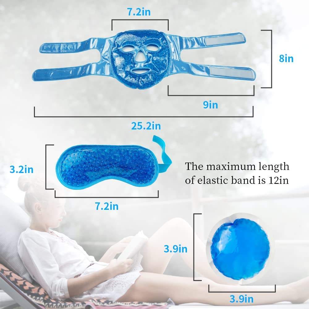 Face & Eye Ice Pack for Women Man, Gel Beads Cooling Face Mask, Reusable Hot and Cold Compress Therapy Facial Eye Pack with Soft Plush Backing for Puffy Eyes, Migraines, Headaches, Pain Relief 2pcs