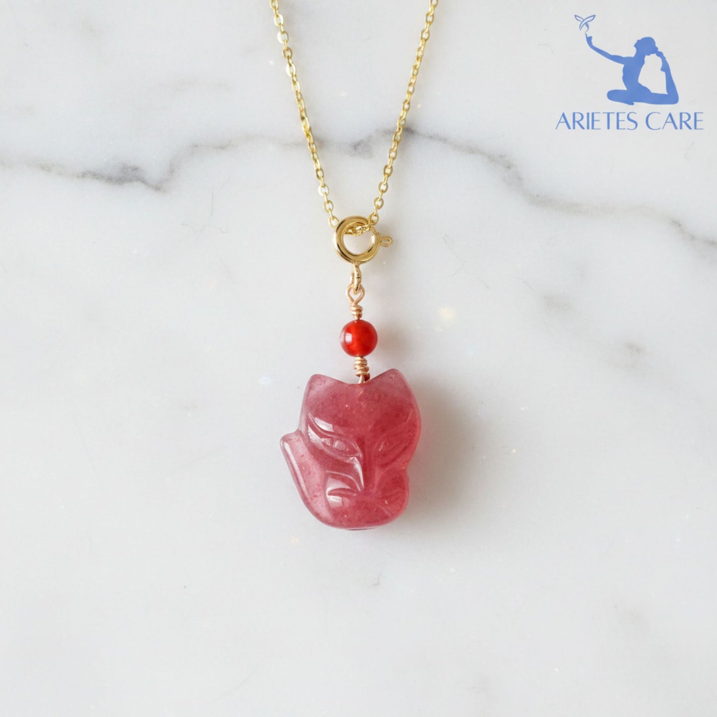 Premium S925 Silver Strawberry Quartz Nine-Tailed Fox Crystal Pendant Necklace