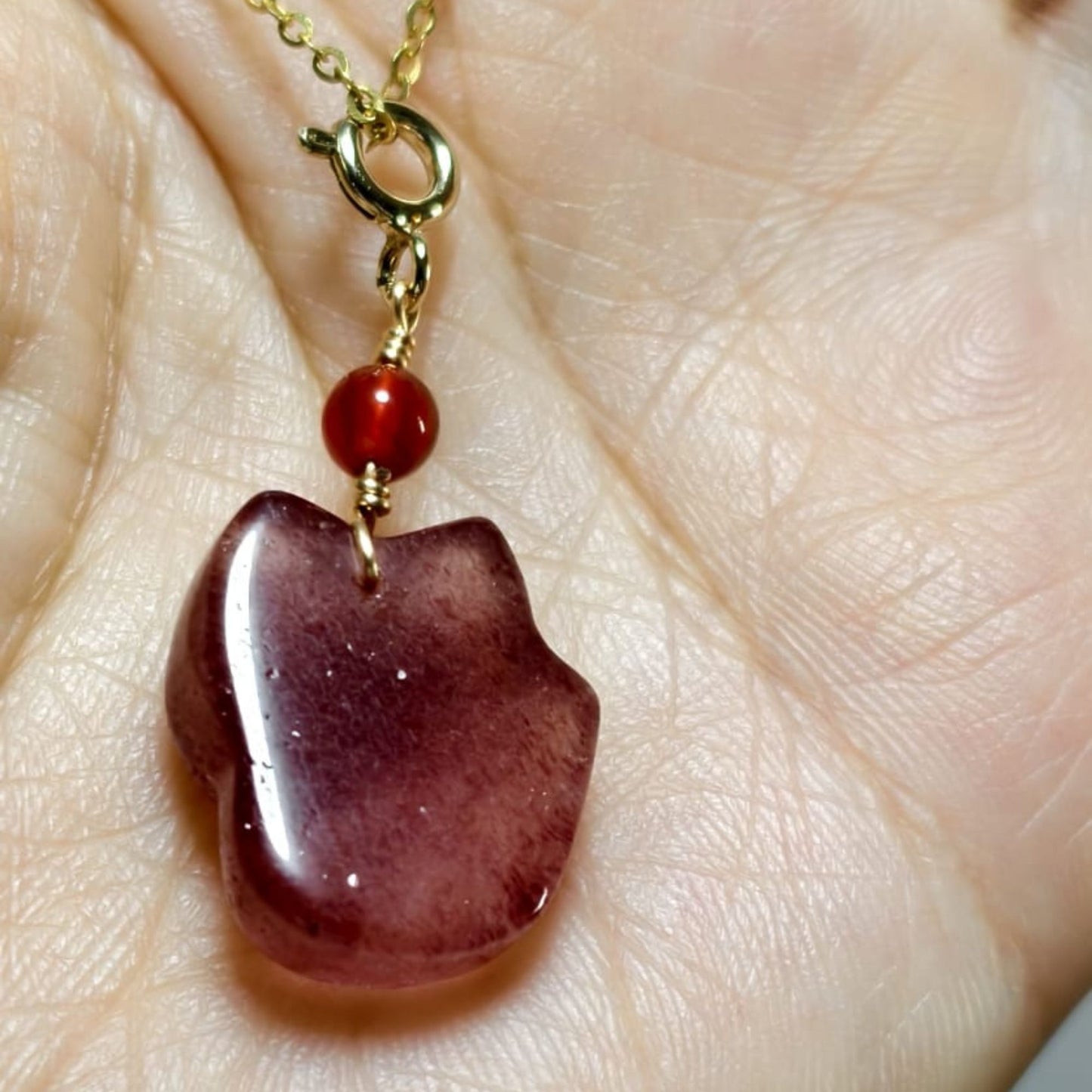 Premium S925 Silver Strawberry Quartz Nine-Tailed Fox Crystal Pendant Necklace