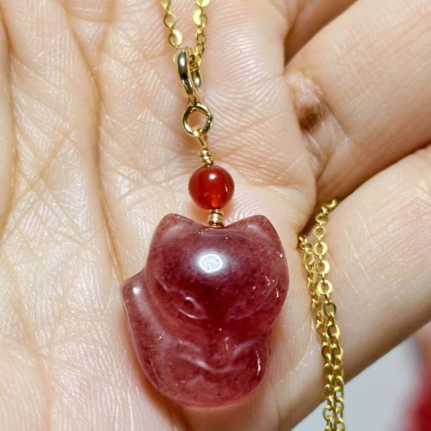 Premium S925 Silver Strawberry Quartz Nine-Tailed Fox Crystal Pendant Necklace