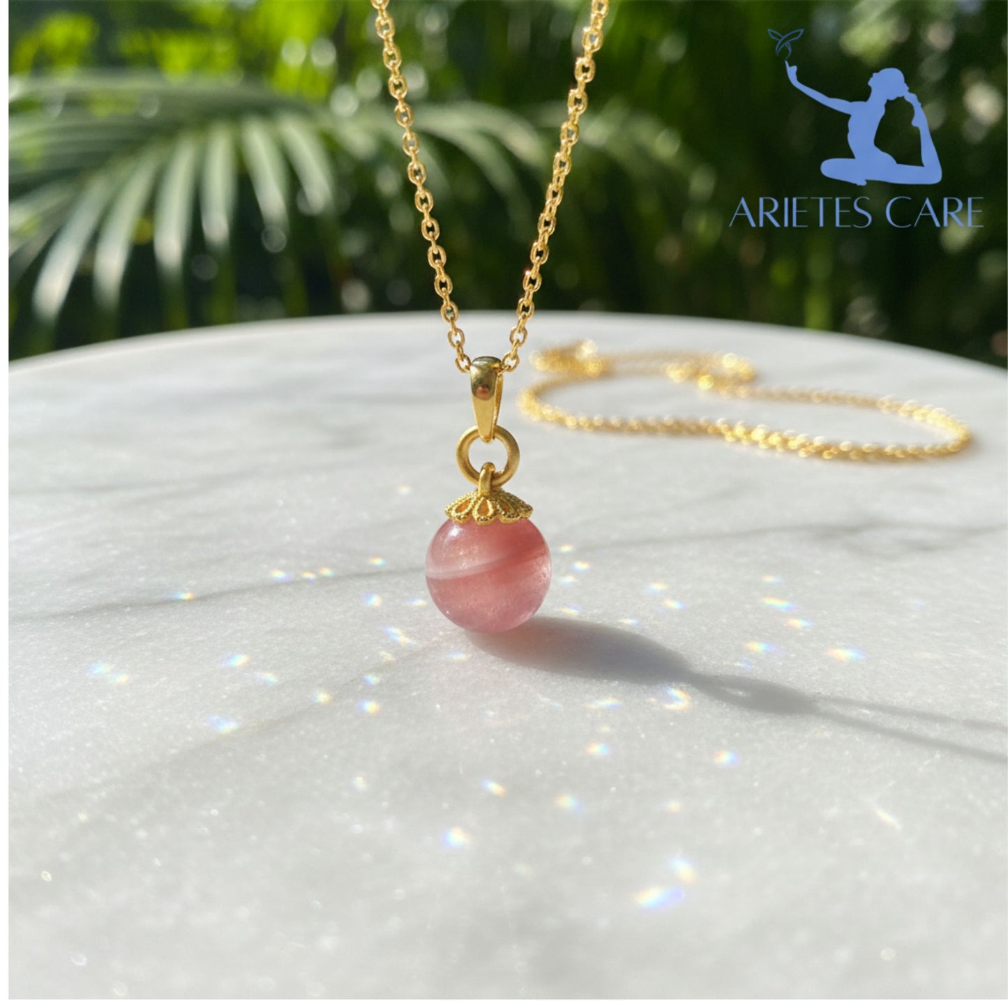 S925 Sterling Silver Gold Plated Natural Salt Source Round Crystal Necklace | Authentic Pink Crystal Round Bead Pendant