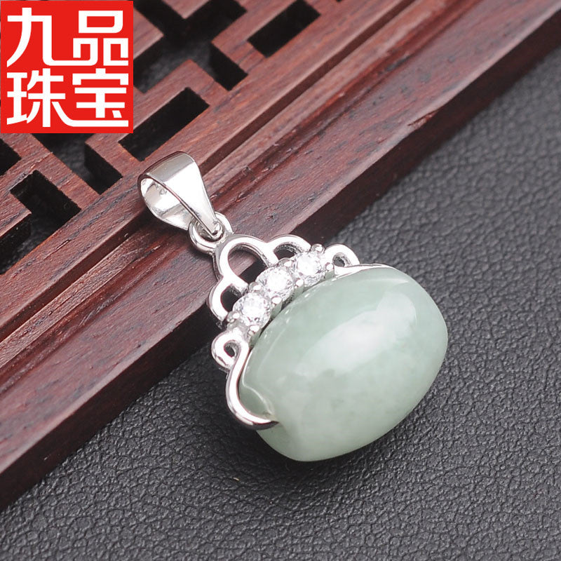 Spot S925 Silver Embeded Jade Stone as Right as Rain a Goods Pendant Natural Myanmar A- Level Jade Lucky Beads Pendant Jade Pendant