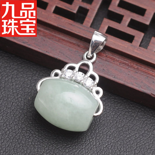 Spot S925 Silver Embeded Jade Stone as Right as Rain a Goods Pendant Natural Myanmar A- Level Jade Lucky Beads Pendant Jade Pendant