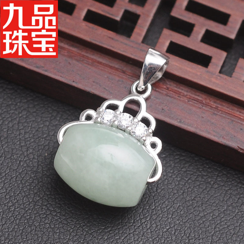 Spot S925 Silver Embeded Jade Stone as Right as Rain a Goods Pendant Natural Myanmar A- Level Jade Lucky Beads Pendant Jade Pendant