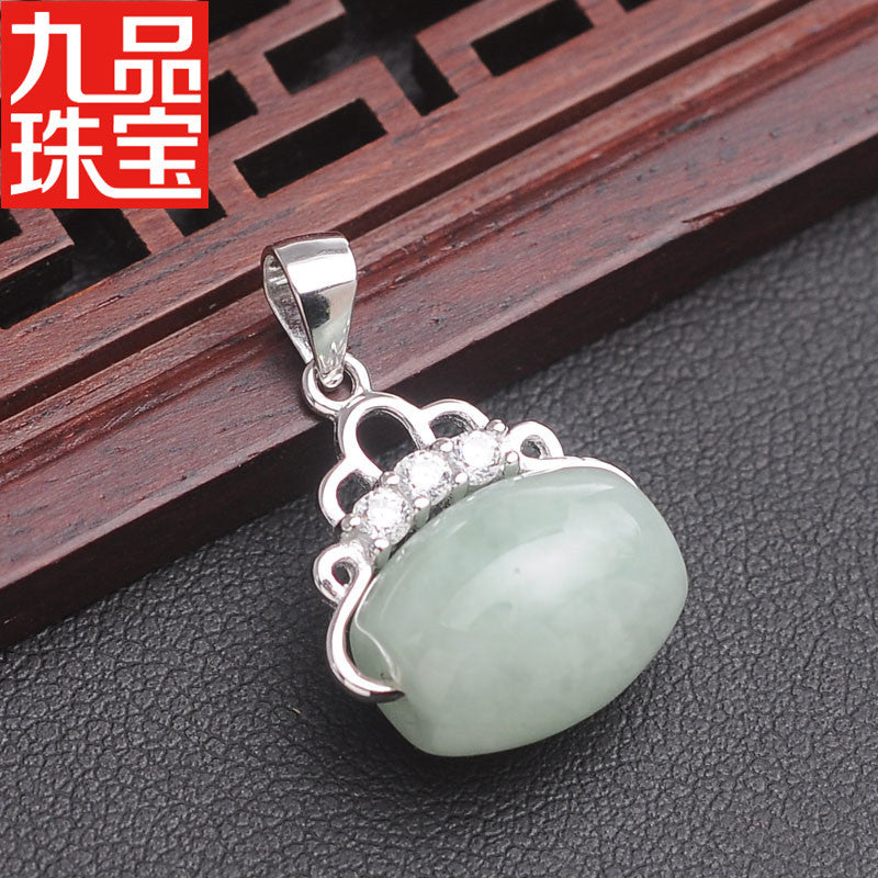 Spot S925 Silver Embeded Jade Stone as Right as Rain a Goods Pendant Natural Myanmar A- Level Jade Lucky Beads Pendant Jade Pendant