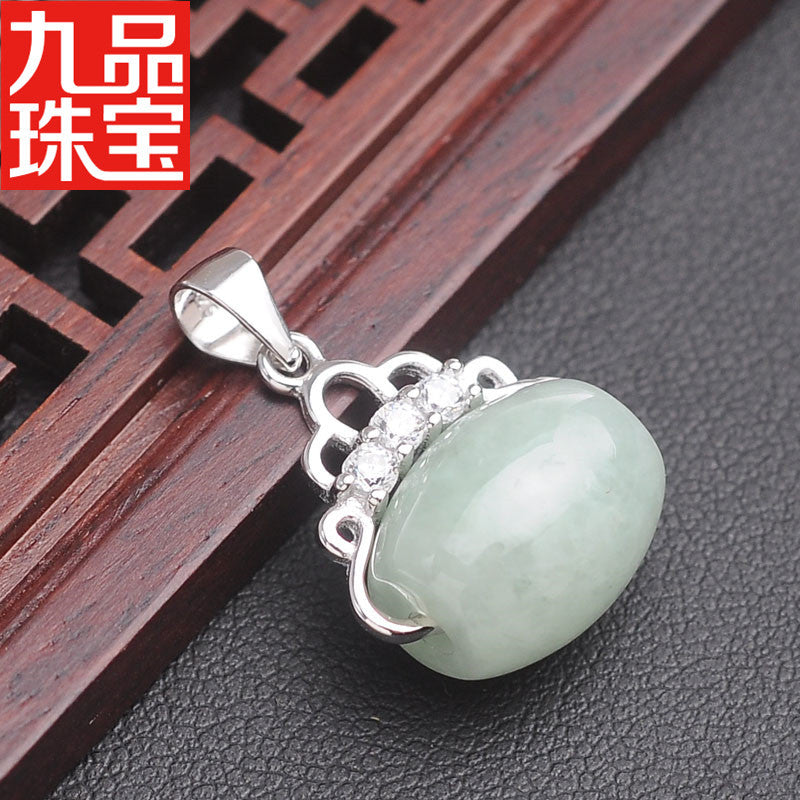 Spot S925 Silver Embeded Jade Stone as Right as Rain a Goods Pendant Natural Myanmar A- Level Jade Lucky Beads Pendant Jade Pendant