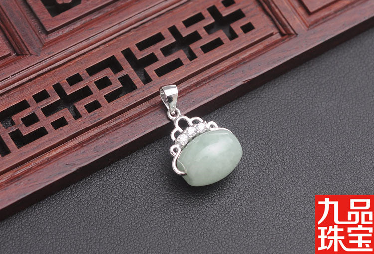Spot S925 Silver Embeded Jade Stone as Right as Rain a Goods Pendant Natural Myanmar A- Level Jade Lucky Beads Pendant Jade Pendant