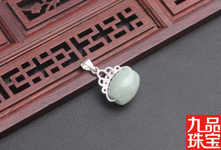 Spot S925 Silver Embeded Jade Stone as Right as Rain a Goods Pendant Natural Myanmar A- Level Jade Lucky Beads Pendant Jade Pendant