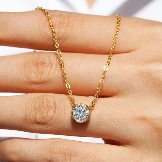 ArietesCare 1-Carat Moissanite Bezel Necklace – 18k Gold Plated S925 Sterling Silver Solitaire Pendant – Luxury Minimalist Jewelry for Her