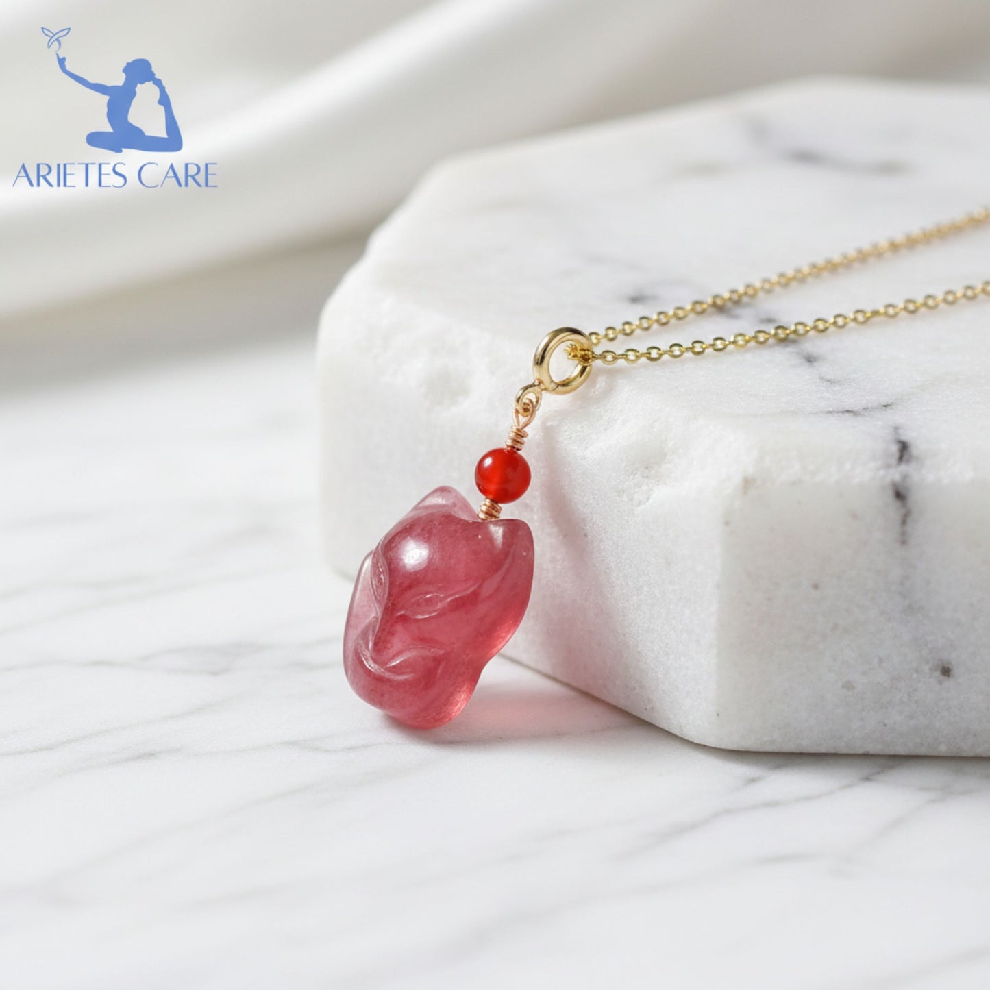 Premium S925 Silver Strawberry Quartz Nine-Tailed Fox Crystal Pendant Necklace