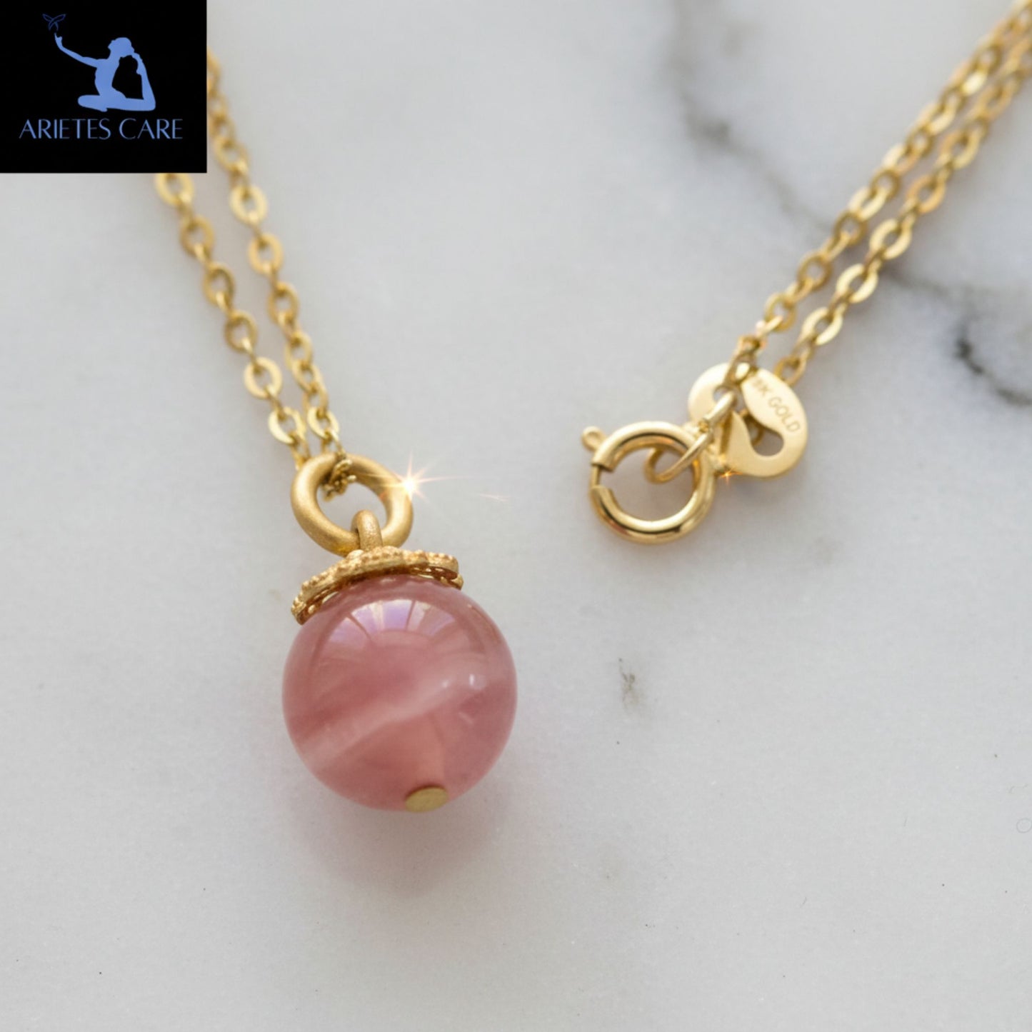 S925 Sterling Silver Gold Plated Natural Salt Source Round Crystal Necklace | Authentic Pink Crystal Round Bead Pendant