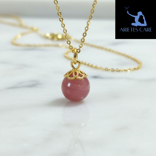 S925 Sterling Silver Gold Plated Natural Salt Source Round Crystal Necklace | Authentic Pink Crystal Round Bead Pendant
